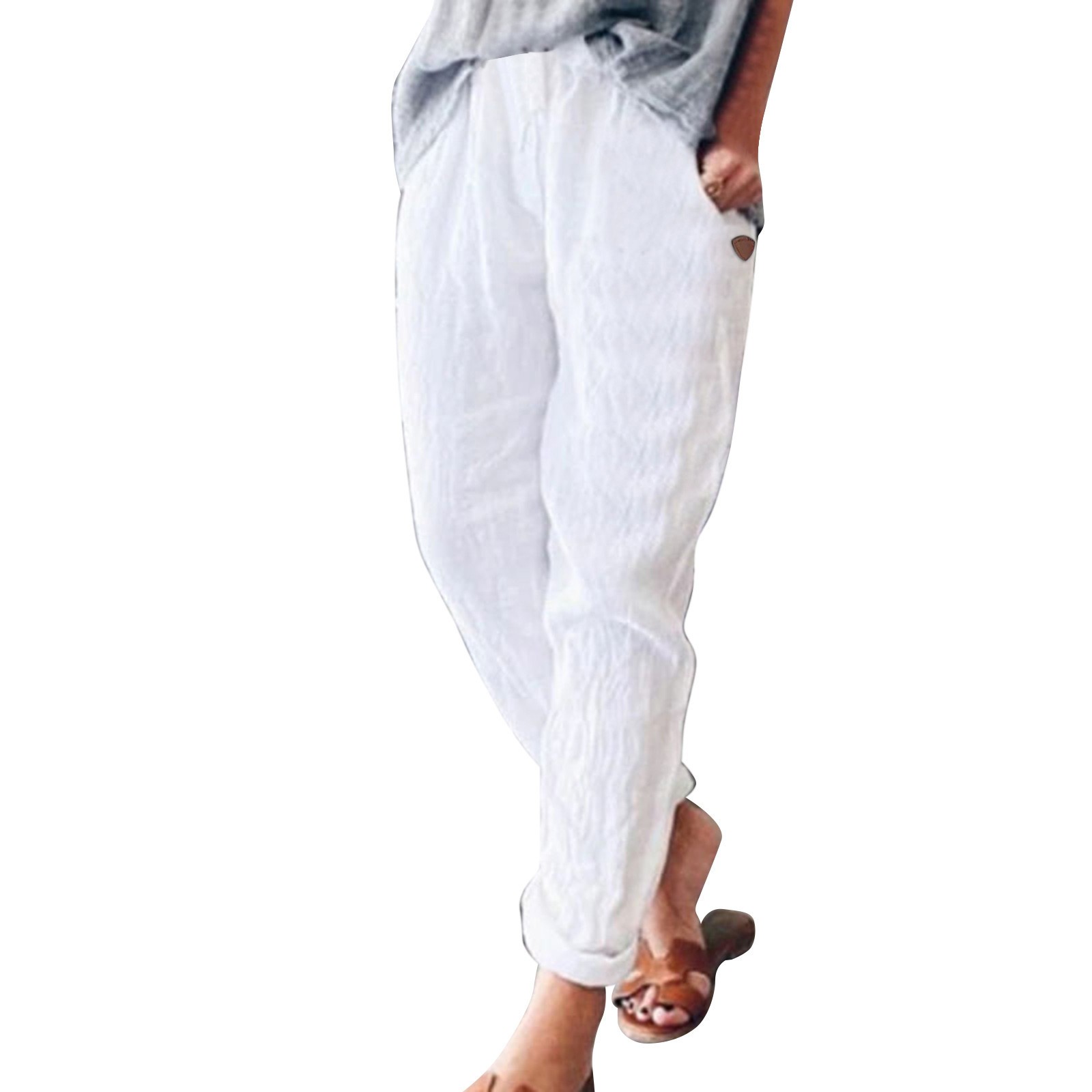 thumbnail image 4 of Pantalones anchos de lino lisos para mujer: cintura elástica, pantalones holgados informales con bolsillos, tejido de poliéster, aptos para el verano, 4 of 8